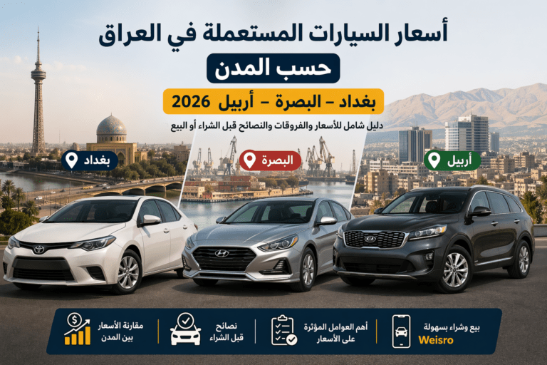 أسعار السيارات المستعملة في العراق 2026 ومقارنة بين بغداد والبصرة وأربيل مع منصة Weisro للبيع والشراء