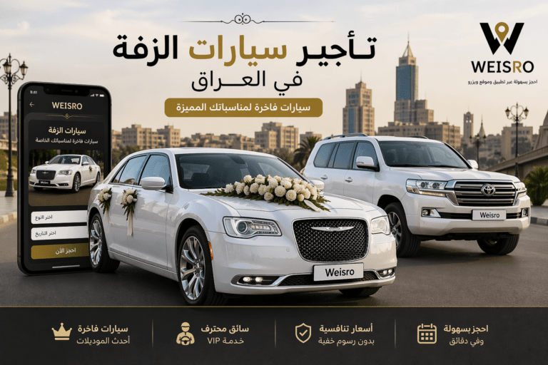 تأجير سيارات الزفة في العراق عبر تطبيق وايسرو weisro مع عرض سيارات فاخرة للمناسبات وحجز الكتروني سهل