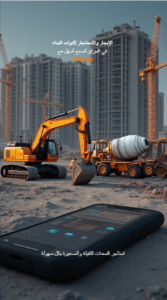 الإيجار والاستئجار لأدوات ومعدات البناء في العراق عبر تطبيق وايسرو Weisro مع عرض معدات ثقيلة مثل الحفارات والرافعات في موقع بناء حديث