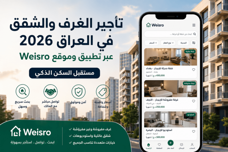 تأجير الغرف والشقق في العراق 2026 عبر تطبيق وايسرو Weisro مع عرض شقق حديثة وواجهة تطبيق إلكتروني للبحث عن السكن