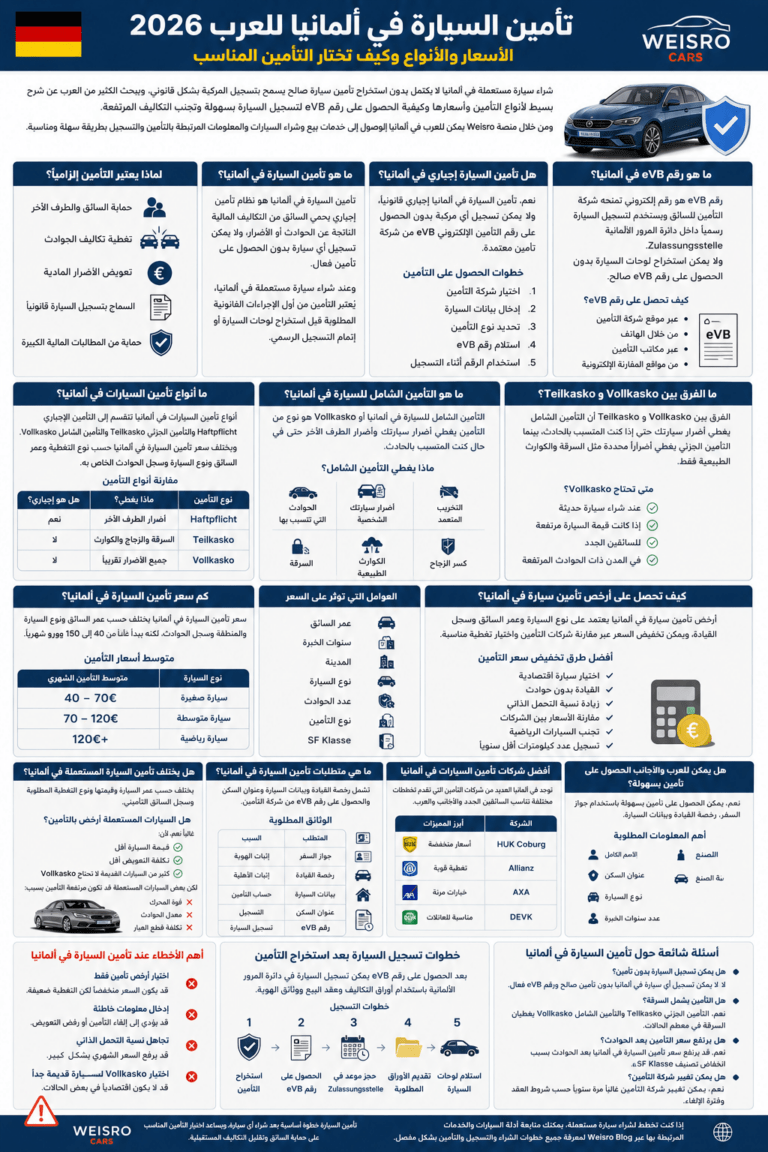 تأمين السيارة في ألمانيا للعرب 2026: دليل شامل يوضح أنواع التأمين (Haftpflicht, Teilkasko, Vollkasko)، أسعار التأمين، رقم eVB، خطوات التسجيل، ومتطلبات تأمين السيارة في ألمانيا بشكل مبسط